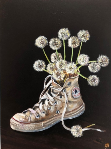 acrylic painting of Converse sneakers with dandelions